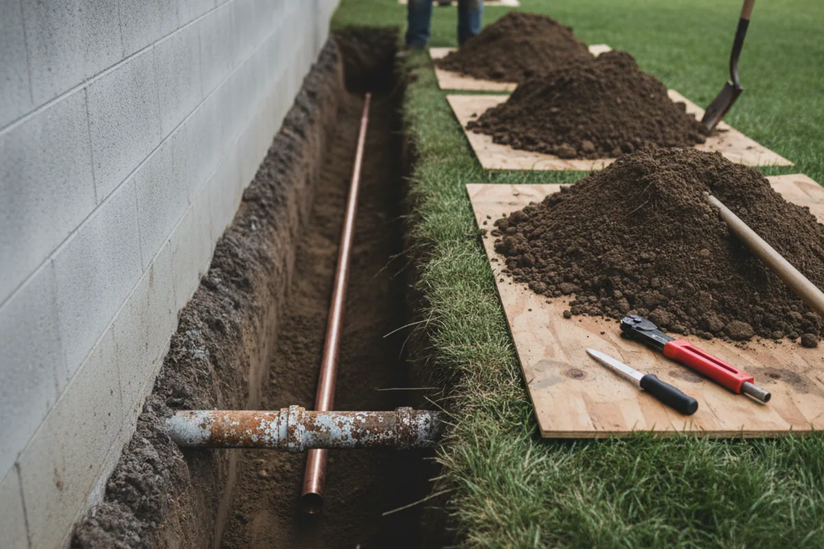 Excavated water line trench during Sewer Line Repair in Touchet